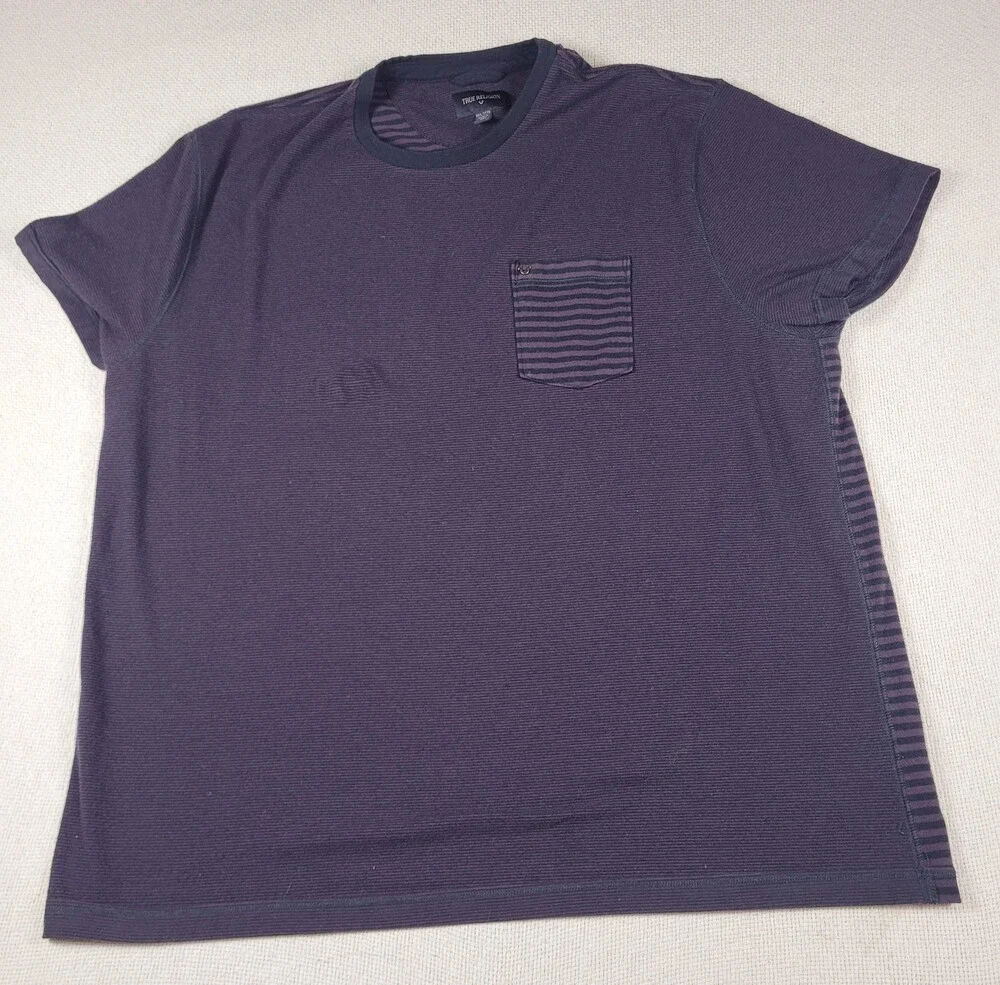 True Religion Shirt Mens 3XL Purple Black Striped Pocket Crewneck Tee MB158NH2